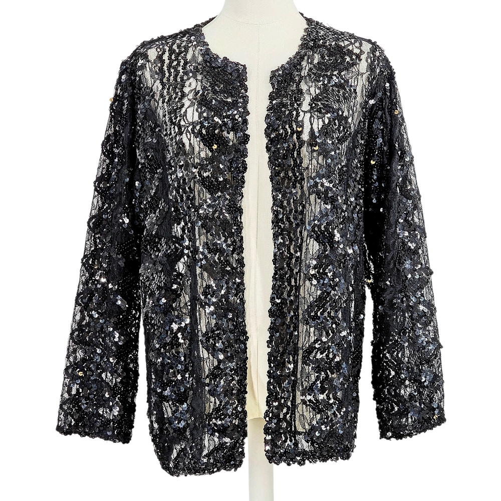 70s Disco Glam Sakowitz Sequin Jacket Women’s XL Black Open Front Vintage